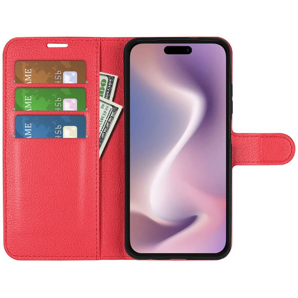 Custodia rossa per telefono con scomparti per carte e denaro, con smartphone.