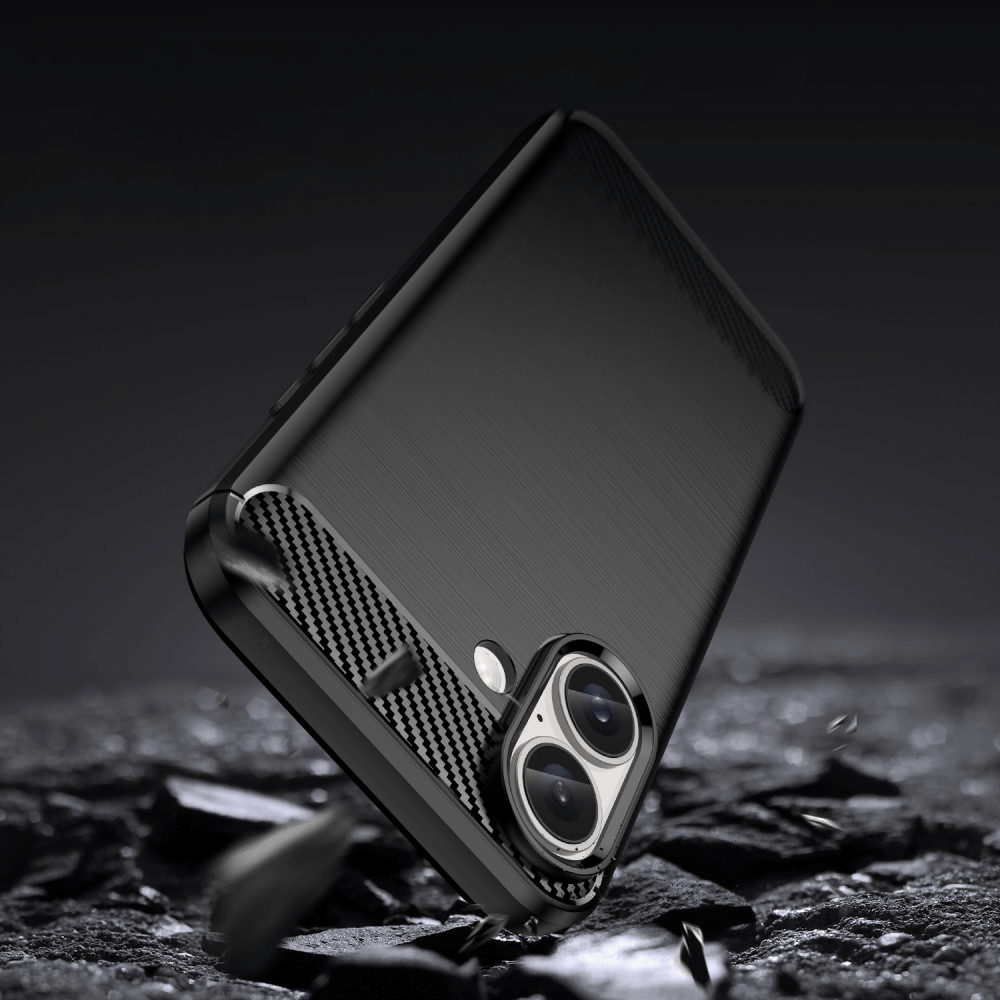 Cover nera per telefono con motivo in carbonio su rocce.