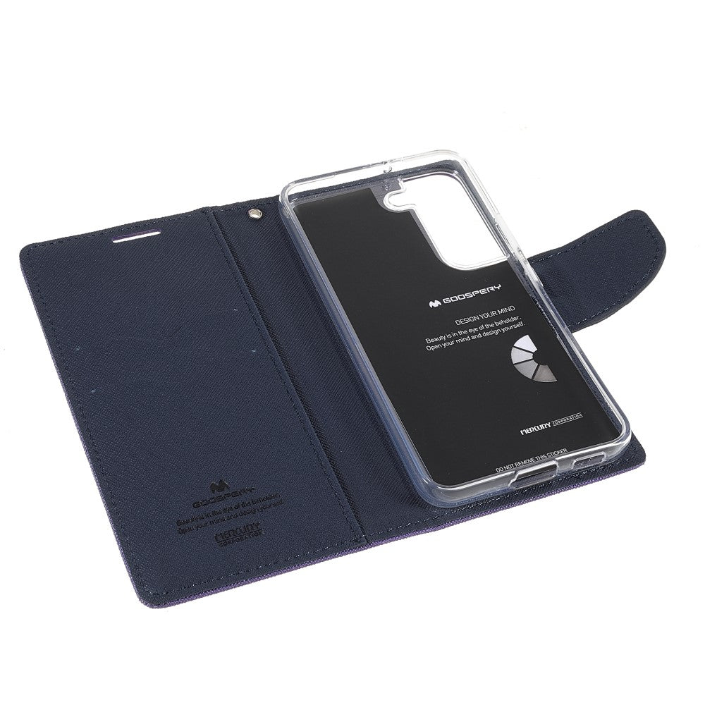 Una custodia a libro blu scuro con inserto trasparente.