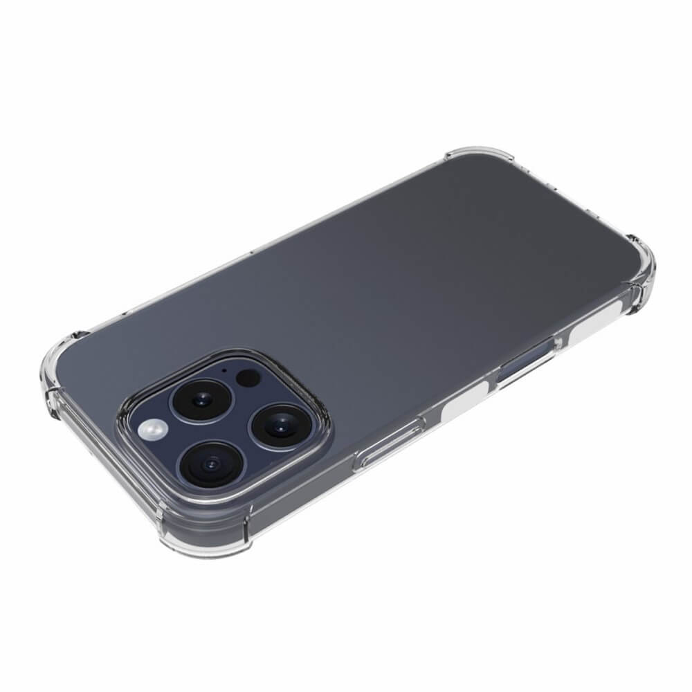 Una cover trasparente per telefono con angoli rinforzati, su sfondo bianco.