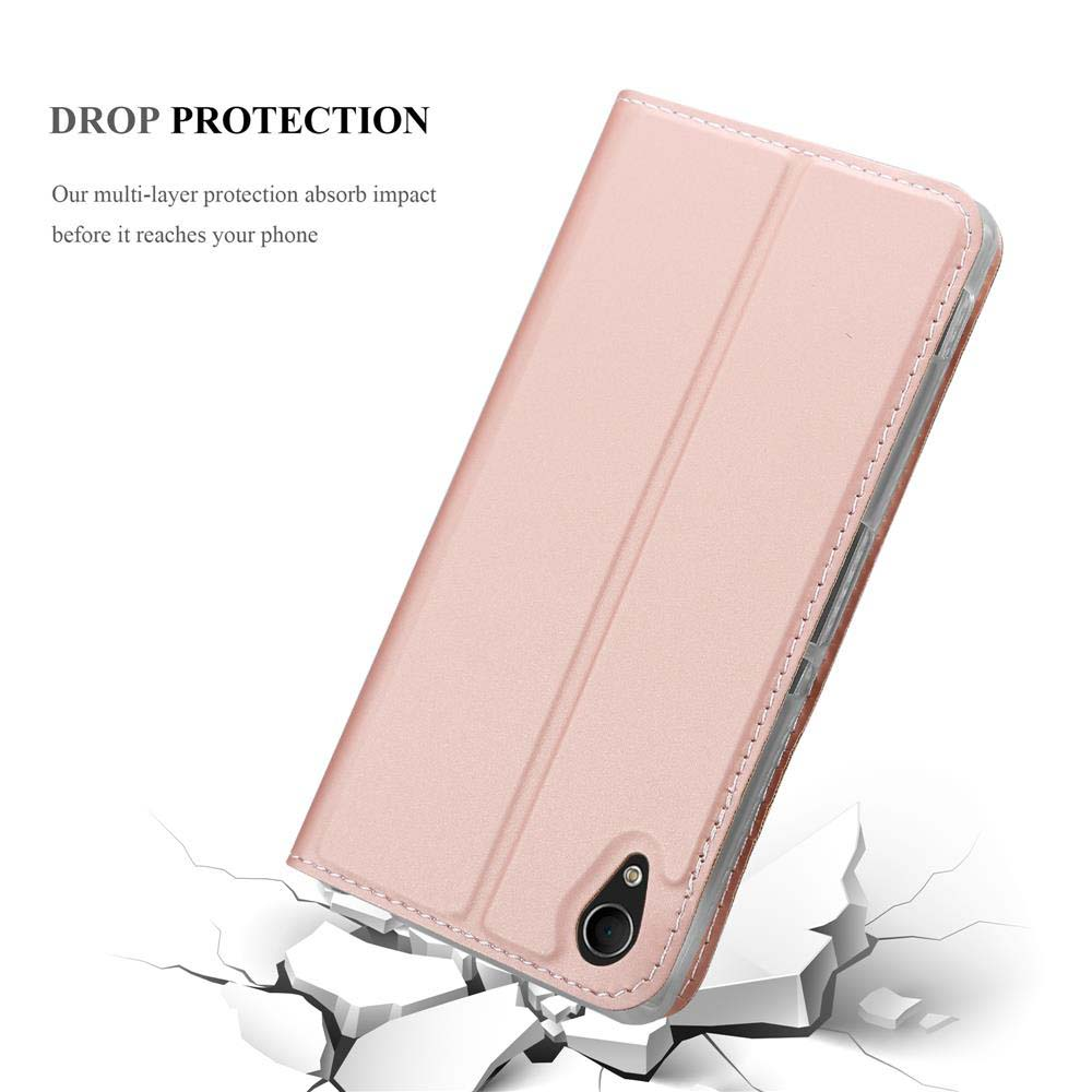 Funda rosa para teléfono, tipo libro, que protege contra efecto de rotura.