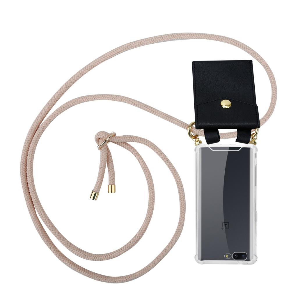 Ein hellbraunes Handyband mit schwarzer Tasche und transparentem Handyhülle.