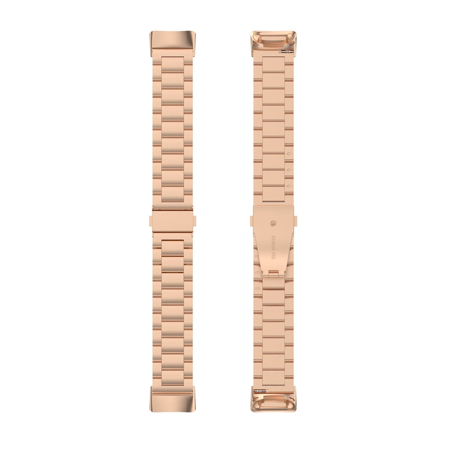Deux bracelets de montre en acier inoxydable or rose à maillons, fond blanc.
