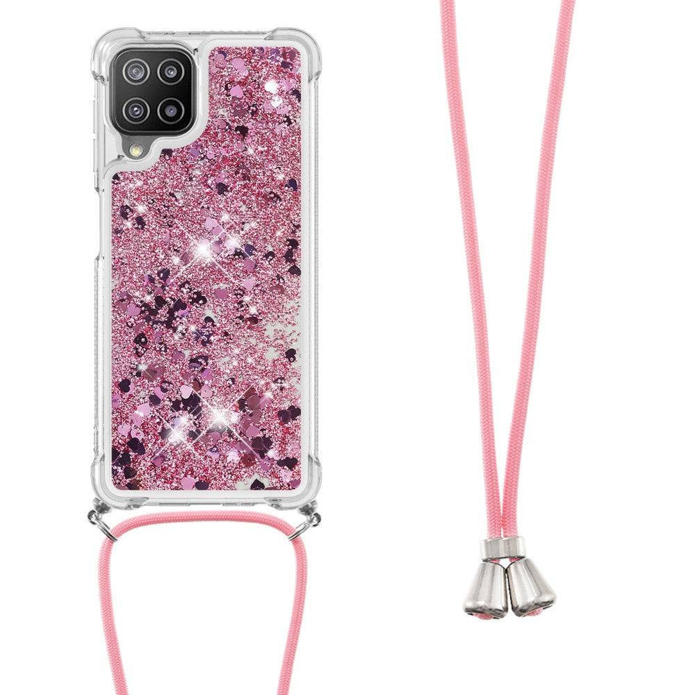 Custodia trasparente con glitter rosa e forme di cuore, attaccata a un cordino rosa.