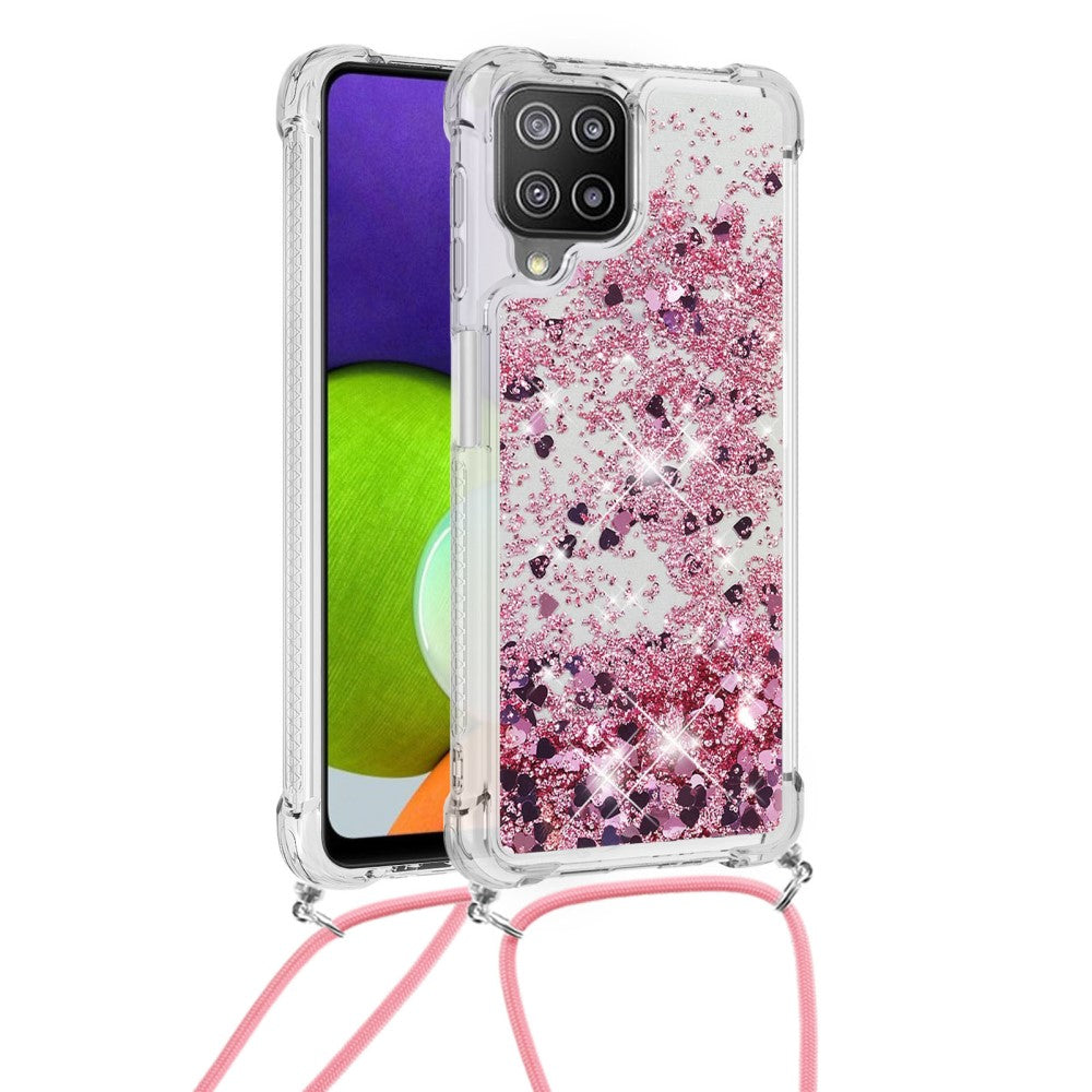 Custodia trasparente con glitter rosa e cuori, con laccetto rosa.