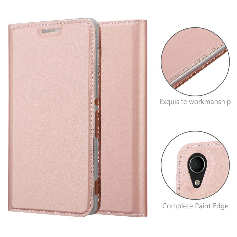 Una funda de teléfono rosa dorado con costuras y recorte de cámara.