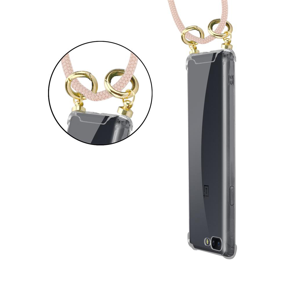 Transparentes Handyhülle mit Band und goldenen Beschlägen.