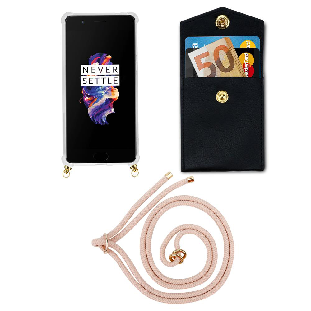 Smartphone mit durchsichtiger Hülle, schwarze Geldbörse mit Geld und Karten, rosa Kordel.