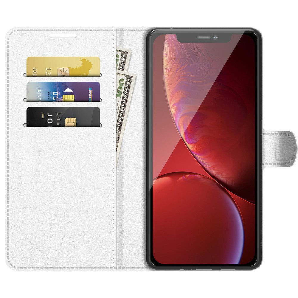 Portafoglio bianco con scomparti per carte, banconote e uno smartphone.