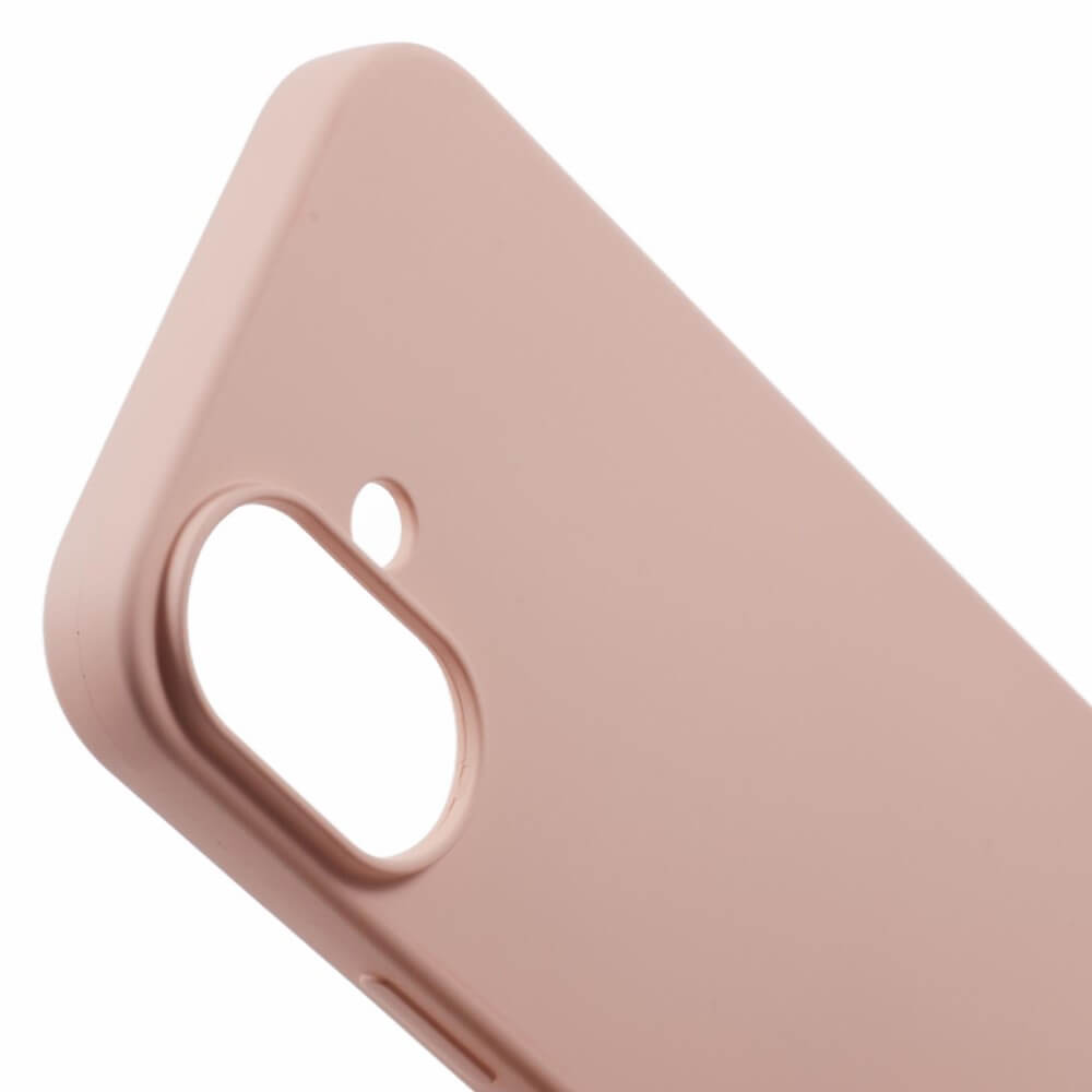 Una cover rosa per telefono con ritaglio per fotocamera.