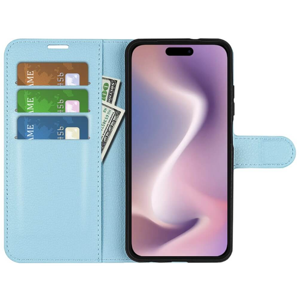 Custodia per telefono azzurra con slot per carte, banconote e smartphone.