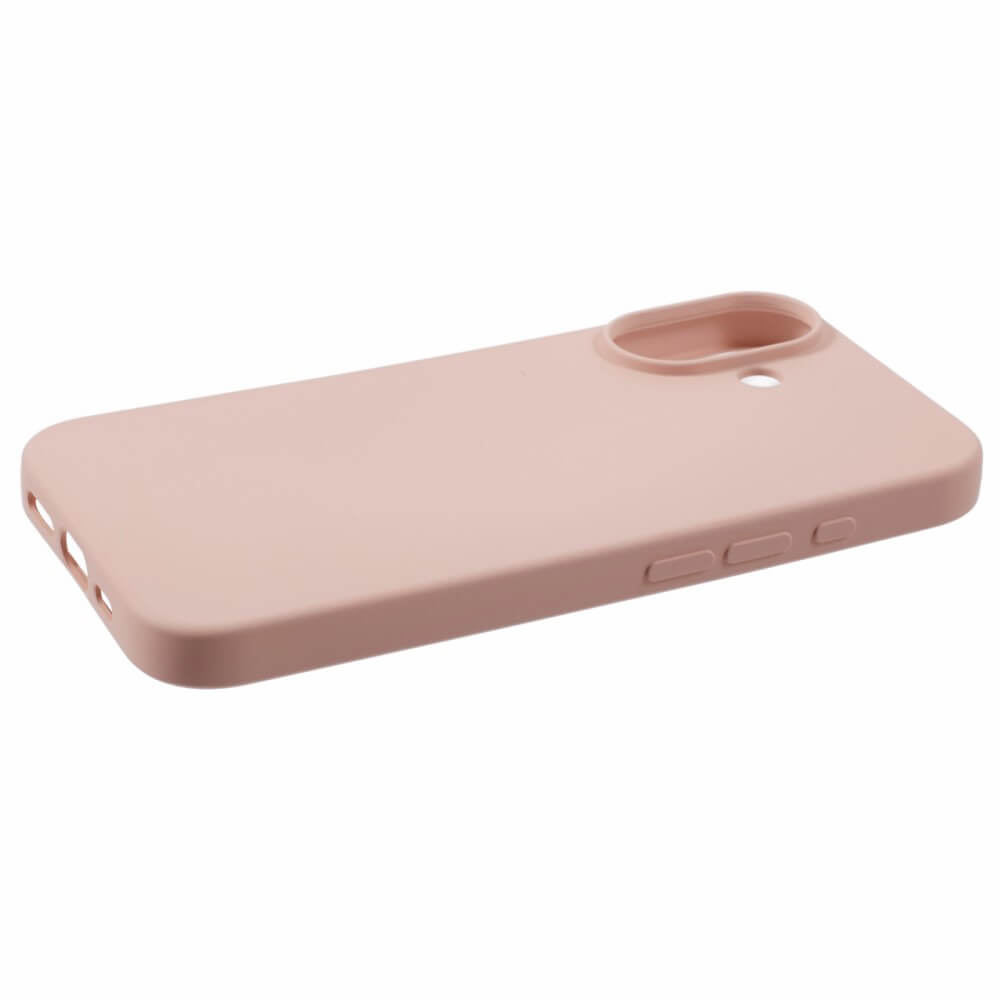 Una cover per telefono rosa antico con foro per fotocamera e pulsanti.