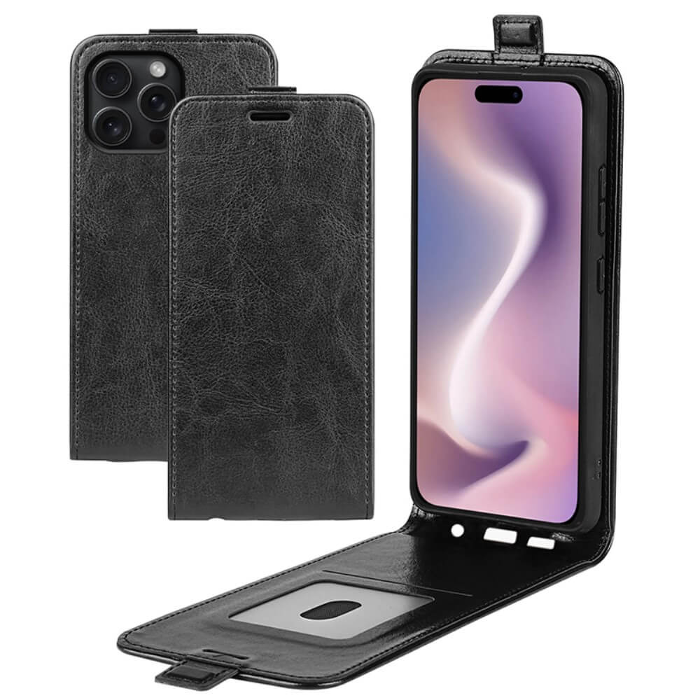 Custodia a libro in pelle nera per smartphone con tre fotocamere.