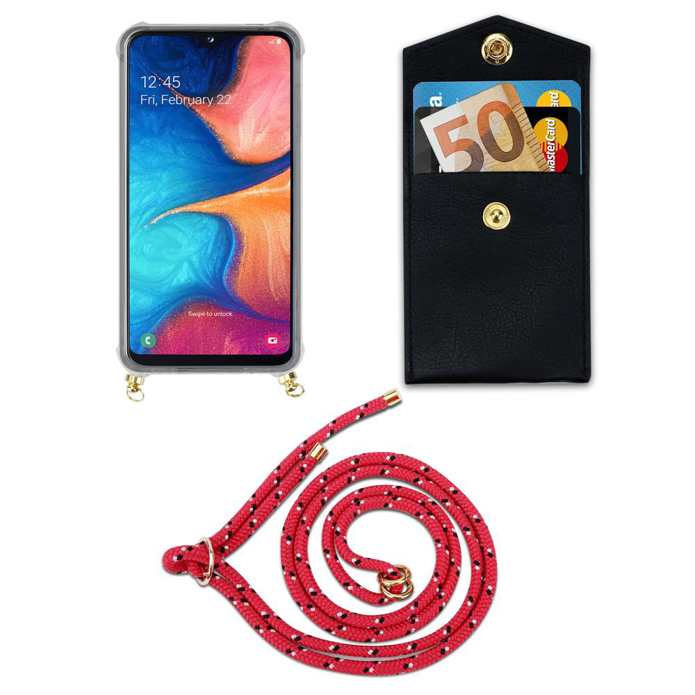 Smartphone con custodia trasparente, porta carte nero con soldi e carte, corda rossa.
