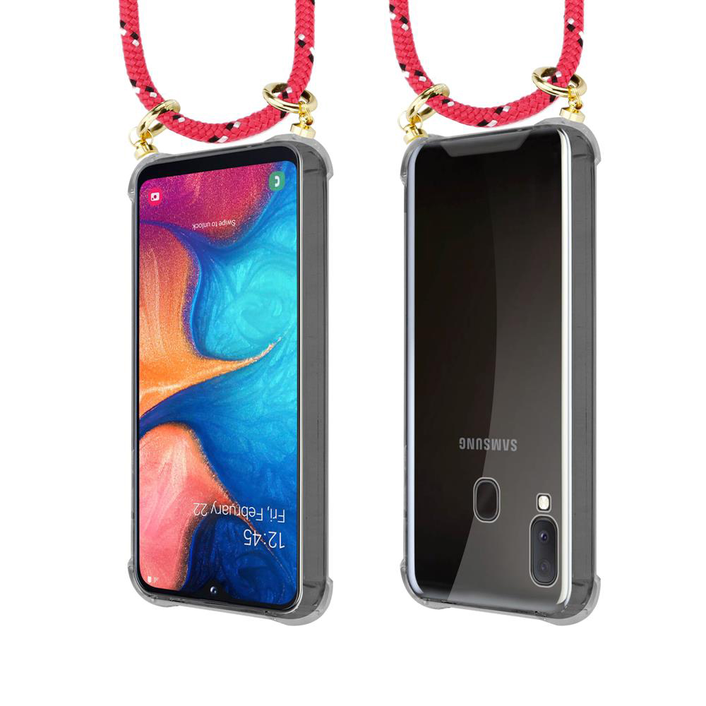 Uno smartphone con cordino rosso, mostrato fronte e retro.