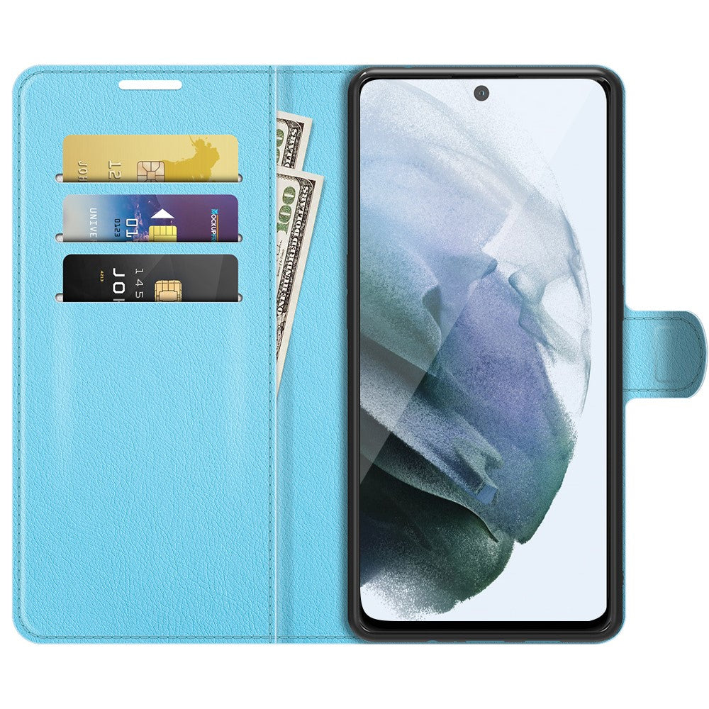Custodia azzurra con slot per carte e banconote, smartphone con motivo.