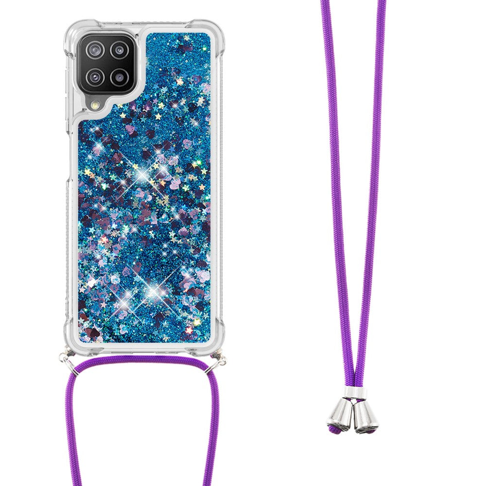 Custodia trasparente per telefono con glitter blu, stelle e laccetto viola.