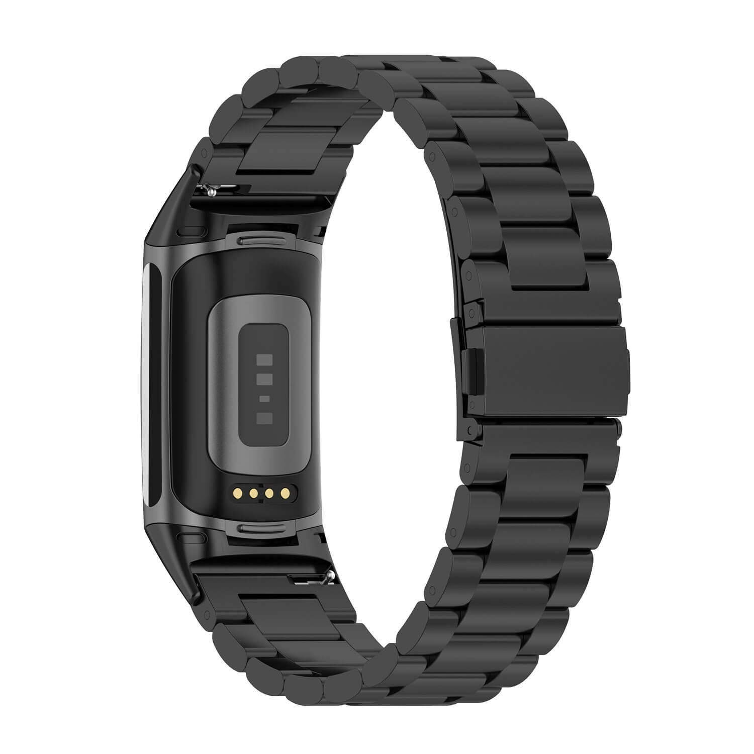 Un bracelet en métal noir pour un tracker de fitness avec contacts de charge.