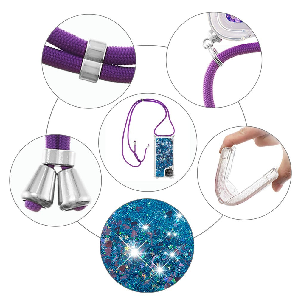 Cordino viola con accenti argentati, cover trasparente per telefono glitterata.