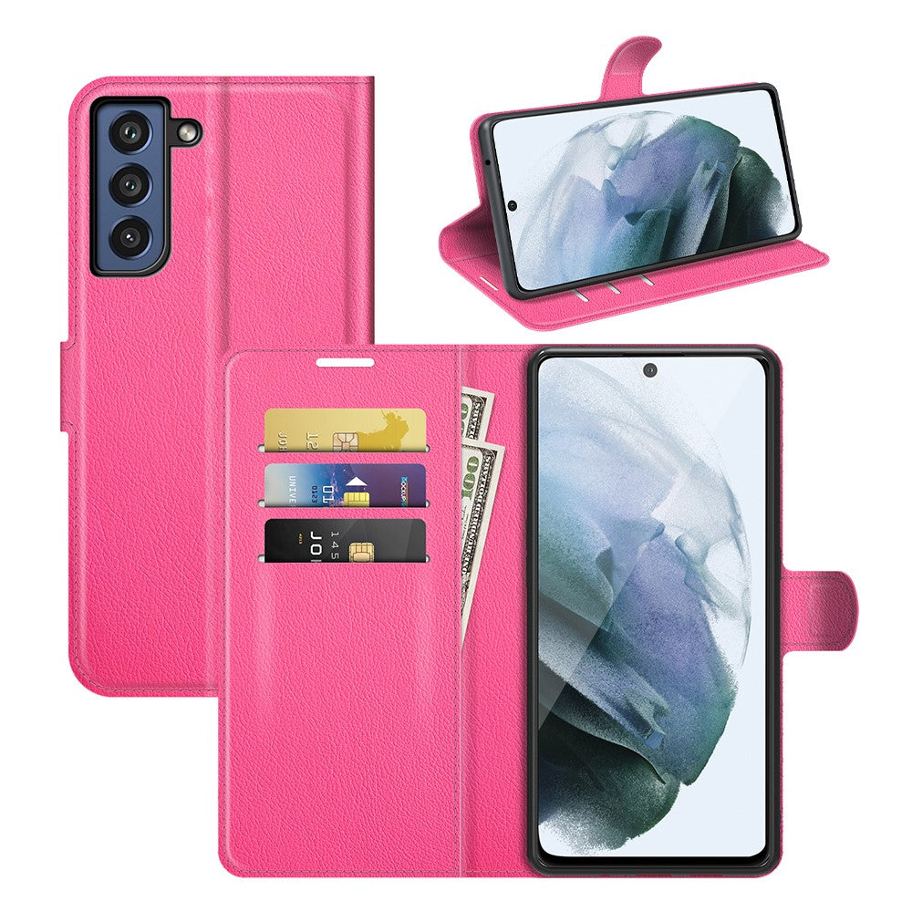 Custodia rosa per telefono con slot per carte e denaro.