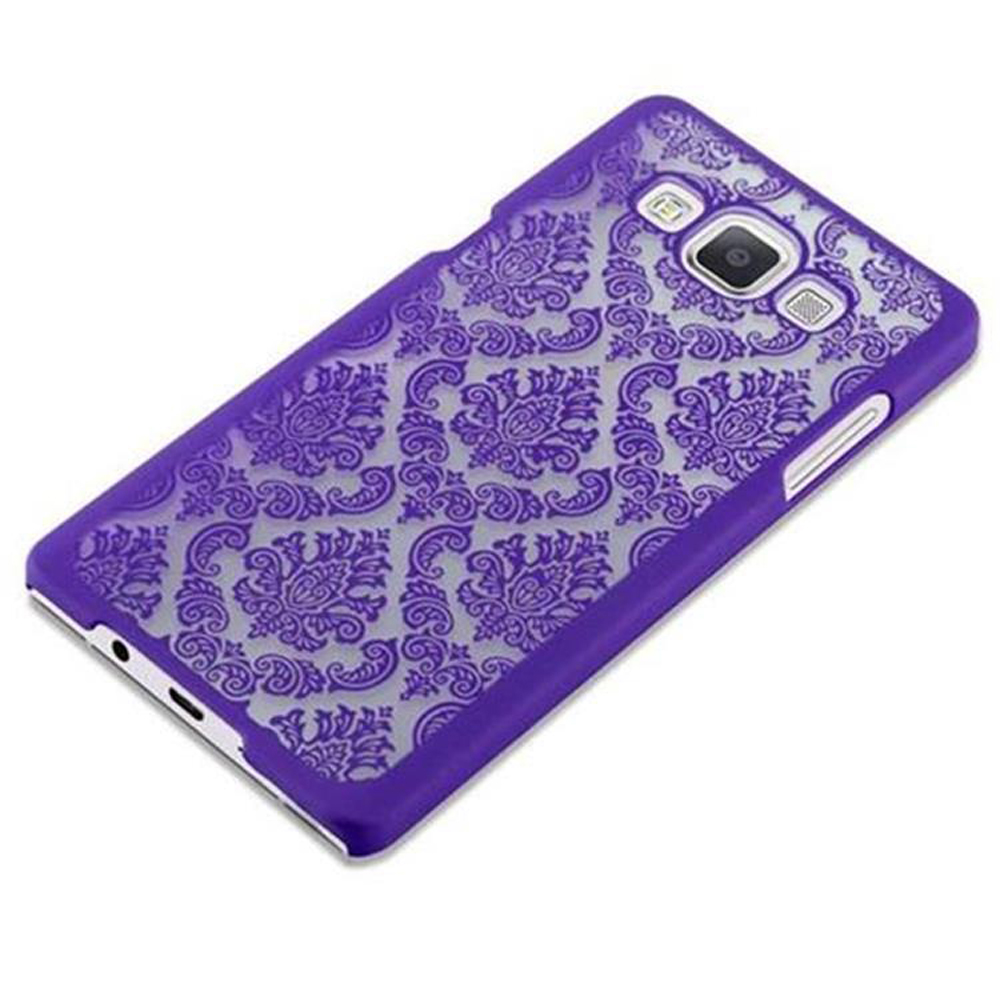 Custodia viola per telefono con motivo damascato, con modulo fotocamera.