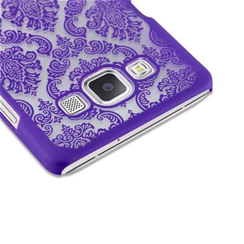 Cover viola per telefono con motivo floreale, fotocamera, flash e altoparlante.