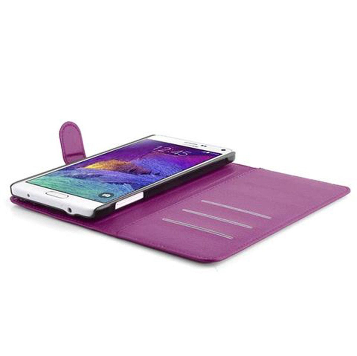 Ein lila Handykoffer mit einem weißen Smartphone, das auf dem Bildschirm die Uhrzeit 12:45 anzeigt.
