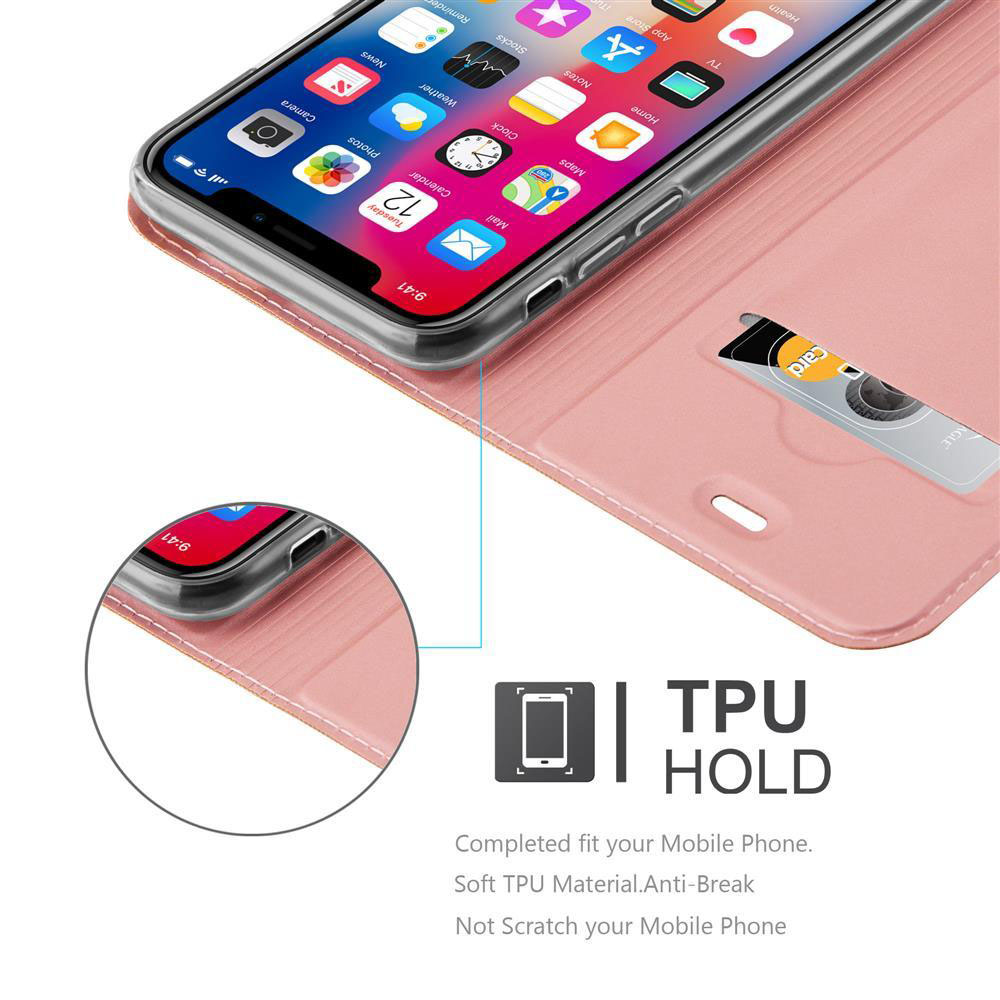 Una custodia per telefono rosa con un telefono e uno slot per carte.