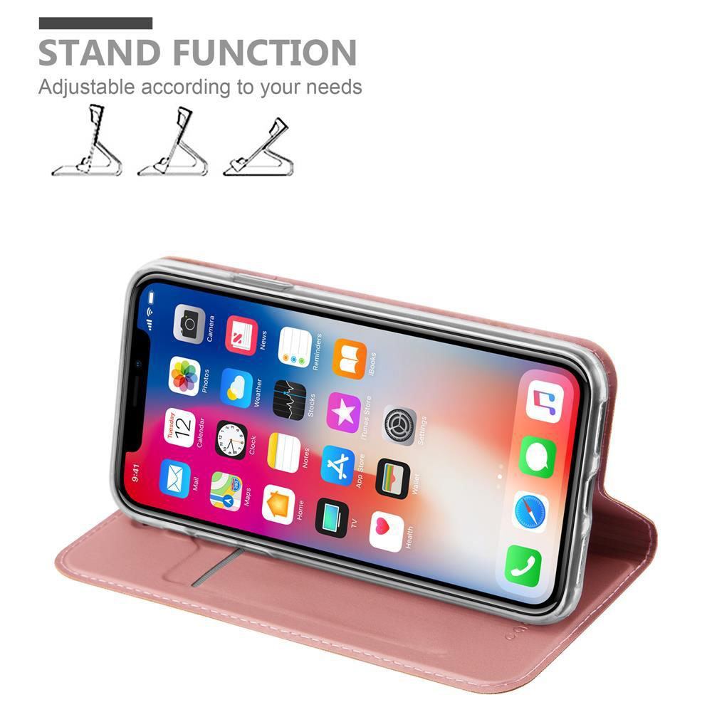 Un iPhone rosa in custodia poggia su una custodia rosa. In alto sono mostrati tre supporti.