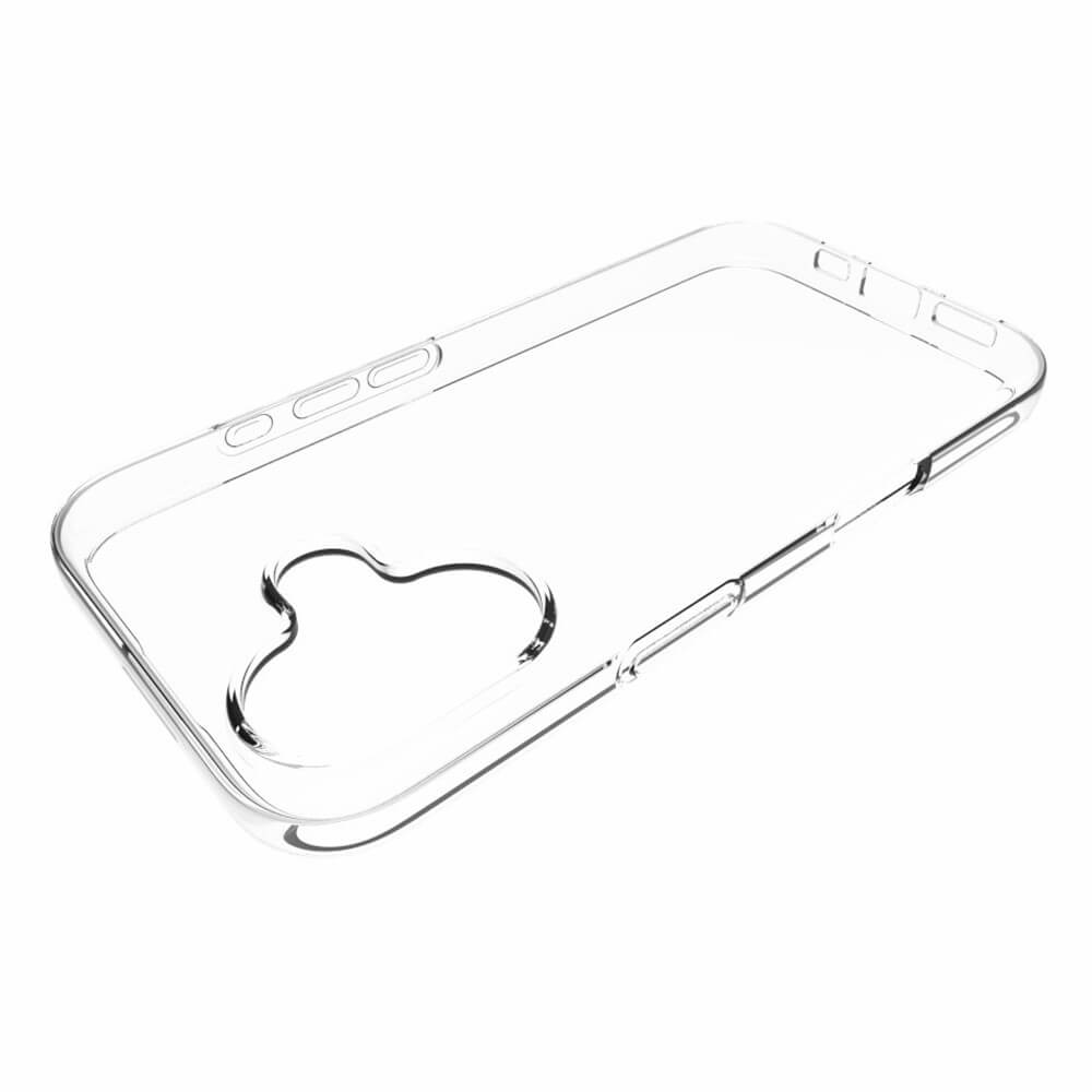 Una custodia per telefono in plastica trasparente con ritagli per fotocamera e pulsanti.