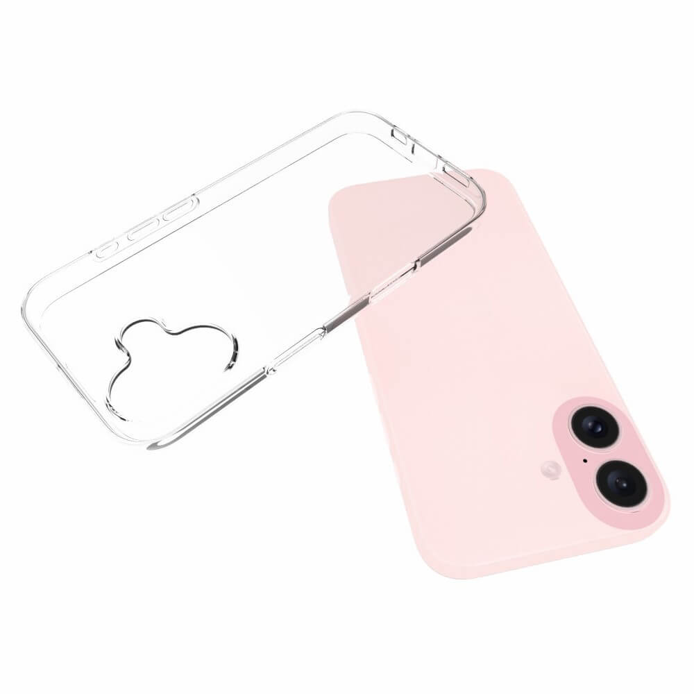 Una cover trasparente per telefono giace su un telefono rosa.
