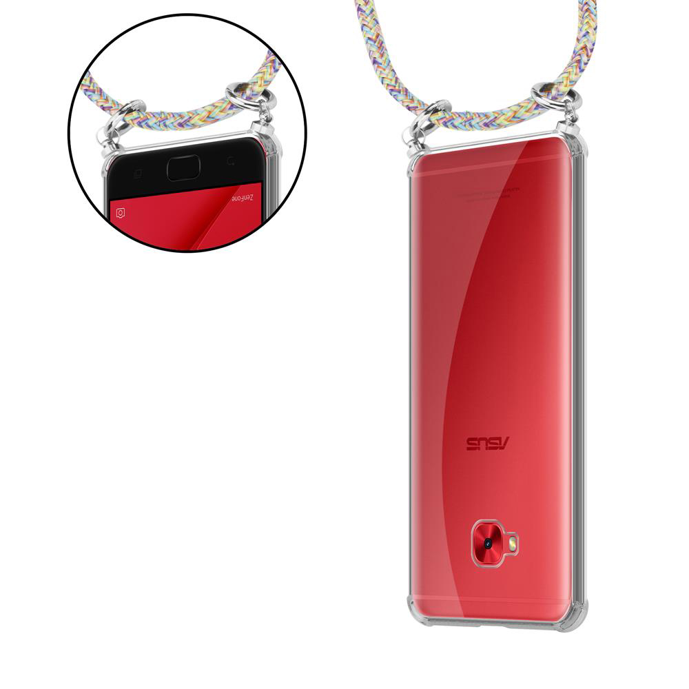 Ein rotes Smartphone in einer durchsichtigen Hülle mit einem bunten Band.