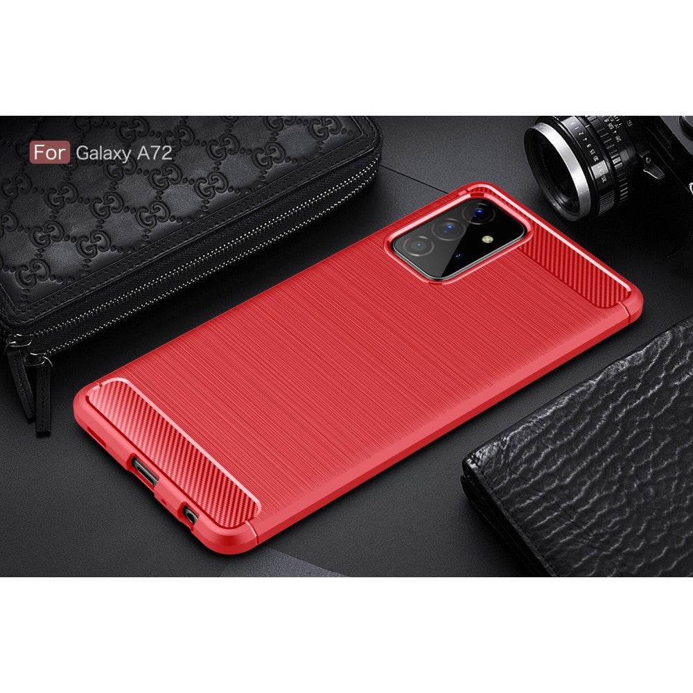 Custodia rossa per Galaxy A72 su superficie nera con portafogli.
