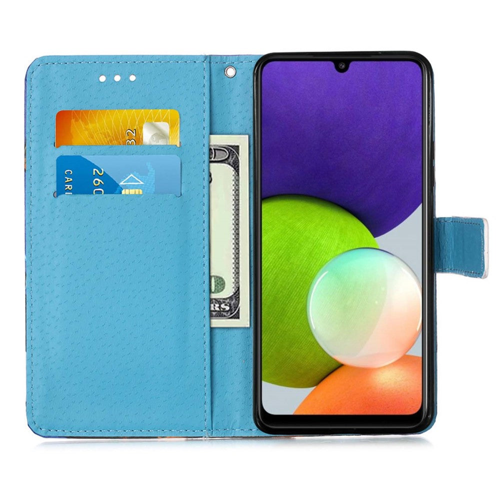 Un portafoglio per telefono blu con slot per carte e banconota, aperto mostra un telefono.