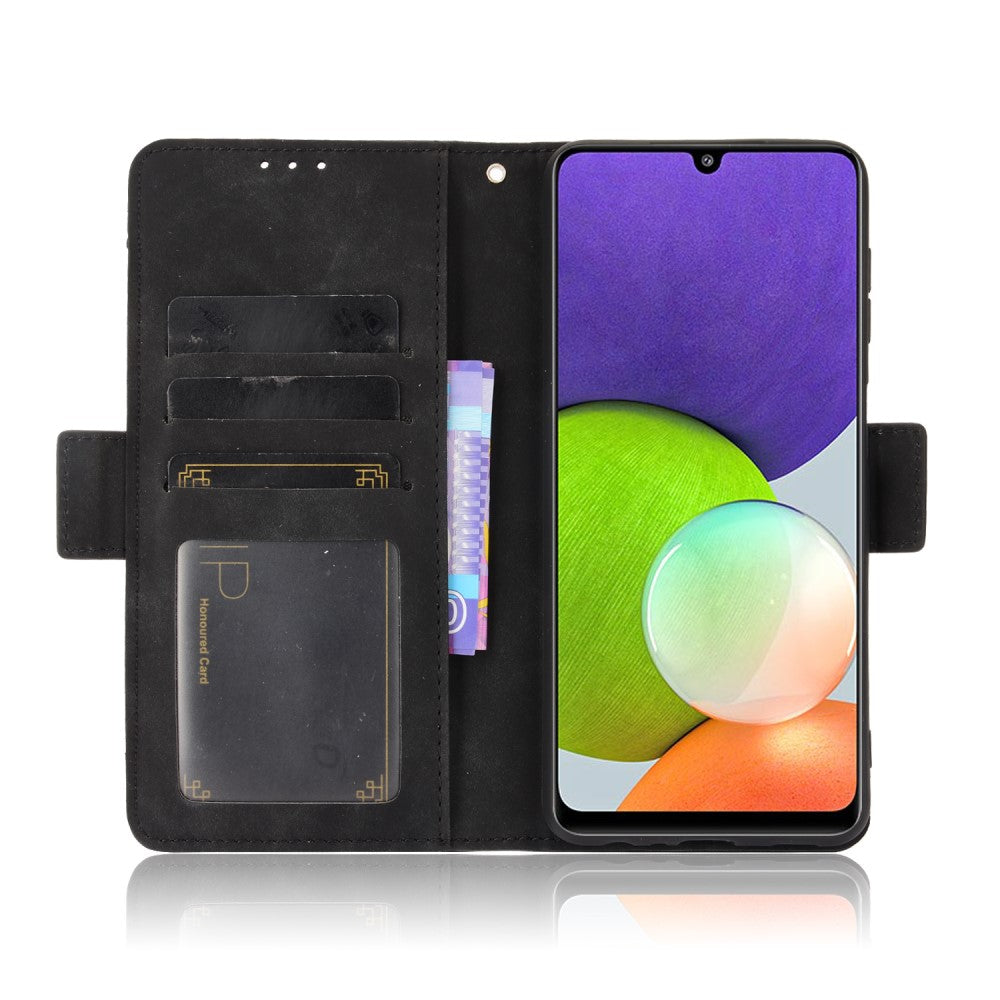 Custodia a portafoglio nera con telefono, slot per carte e porta contanti.