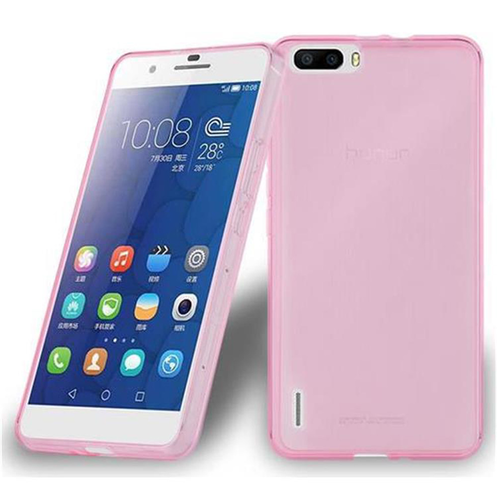 Due smartphone rosa, uno mostra lo schermo con app e ora.