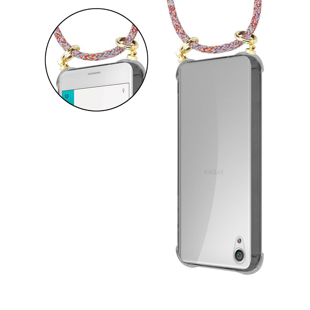 Ein Smartphone mit einer transparenten Hülle und einem bunten Lanyard.