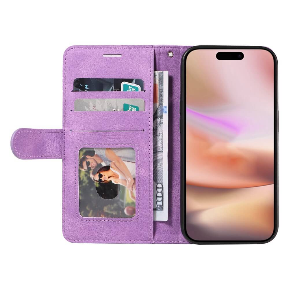 Custodia viola per telefono con slot per carte, banconote e foto.
