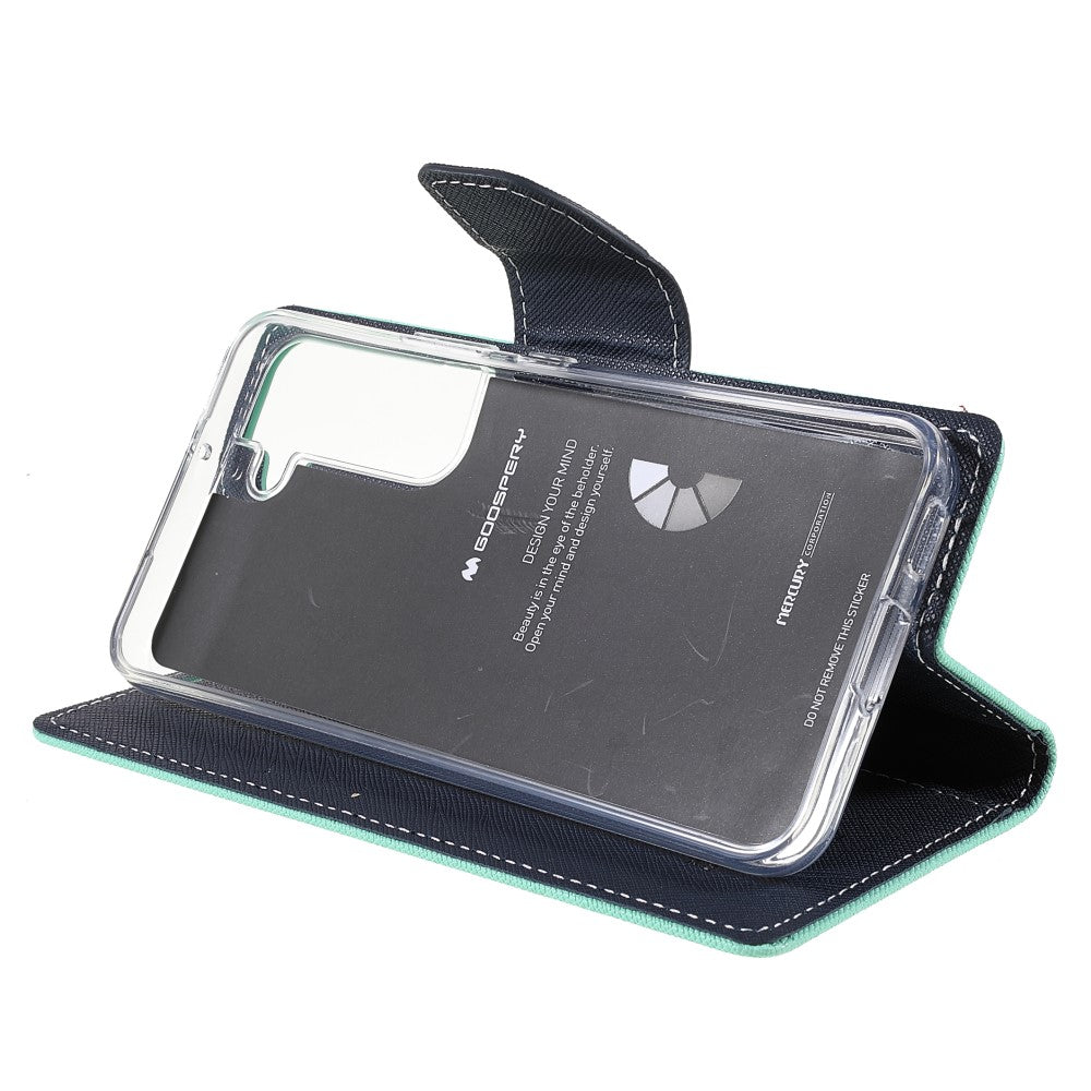 Una custodia per telefono blu scuro e verde acqua con porta telefono trasparente e testo.