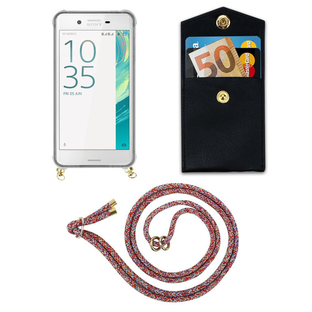 Ein Smartphone in Hülle, eine schwarze Tasche mit Karten und Geld, und eine bunte Kordel.