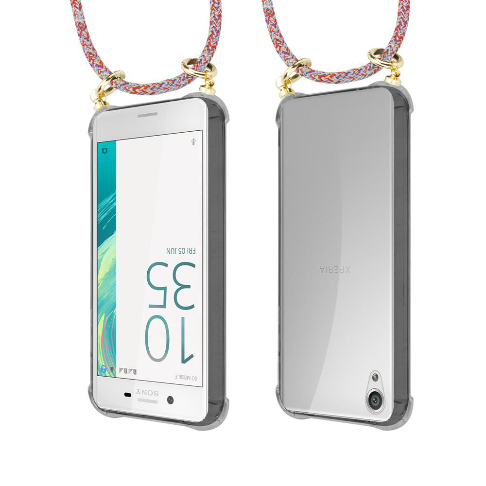 Zwei Sony Xperia Handys mit Lanyards, eins mit Display, das andere mit Rückseite.
