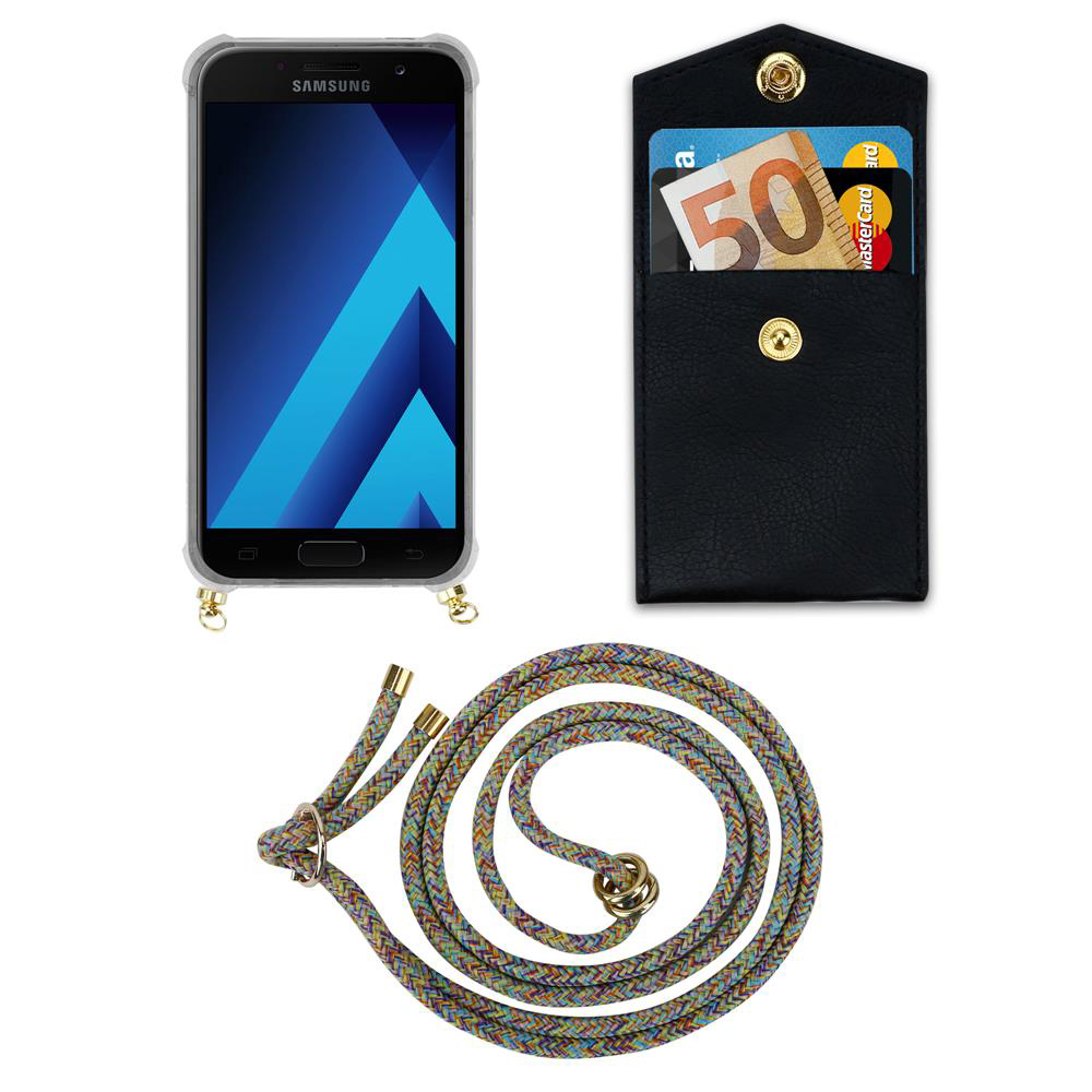 Uno smartphone Samsung, una custodia nera porta carte e un cordino colorato.