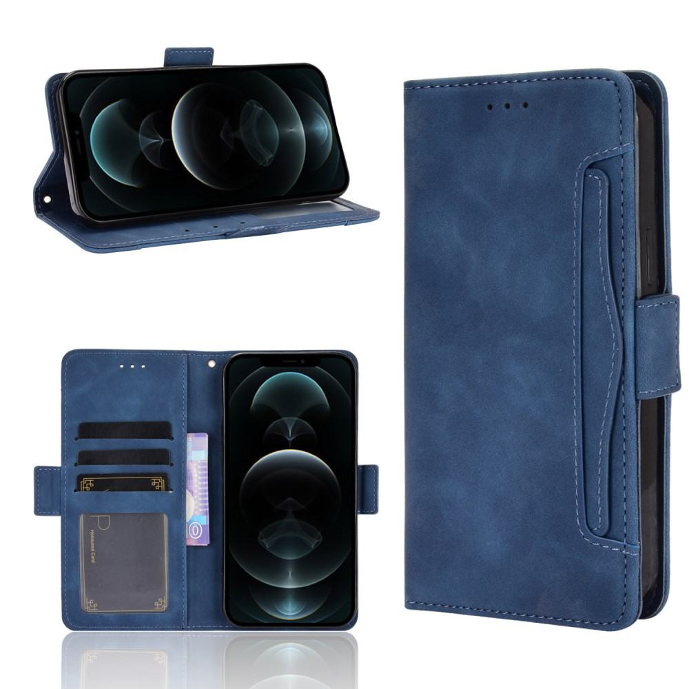 Étui de téléphone bleu avec fentes pour cartes et rabat fermé.