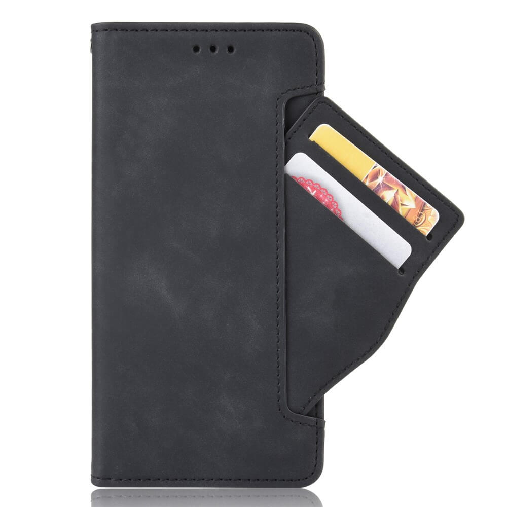 Étui de téléphone noir avec fentes pour cartes, deux cartes visibles.