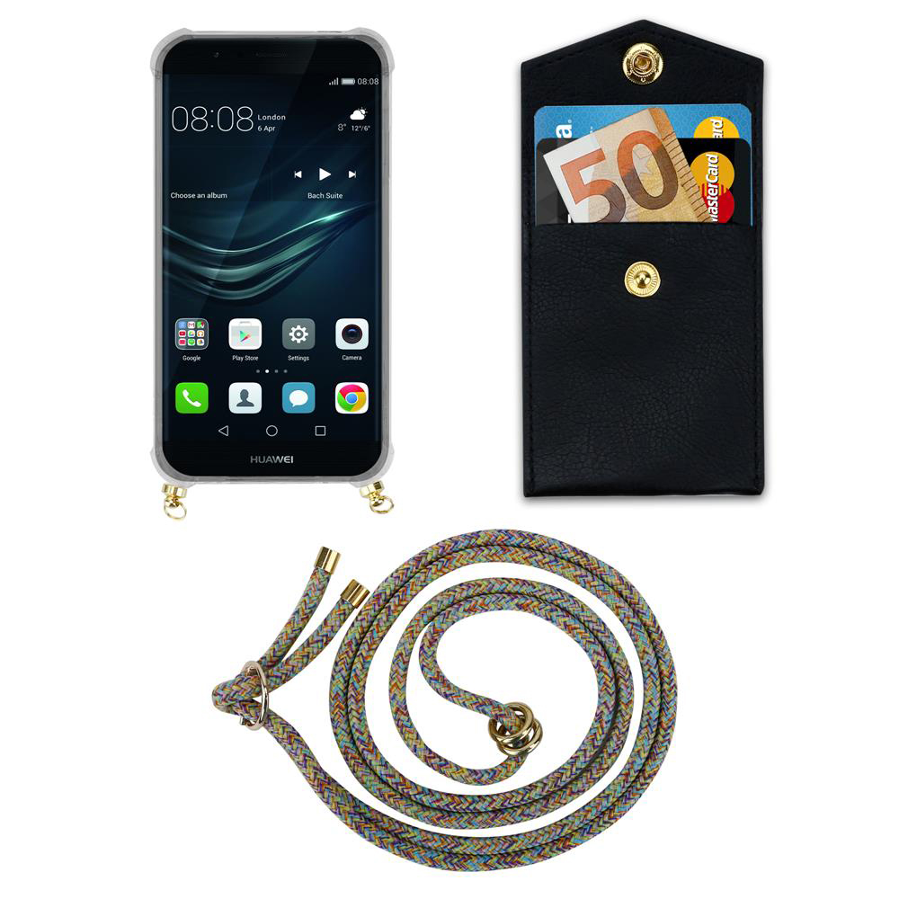 Ein Huawei Smartphone mit schwarzer Kartenhaltertasche und buntem Lanyard.