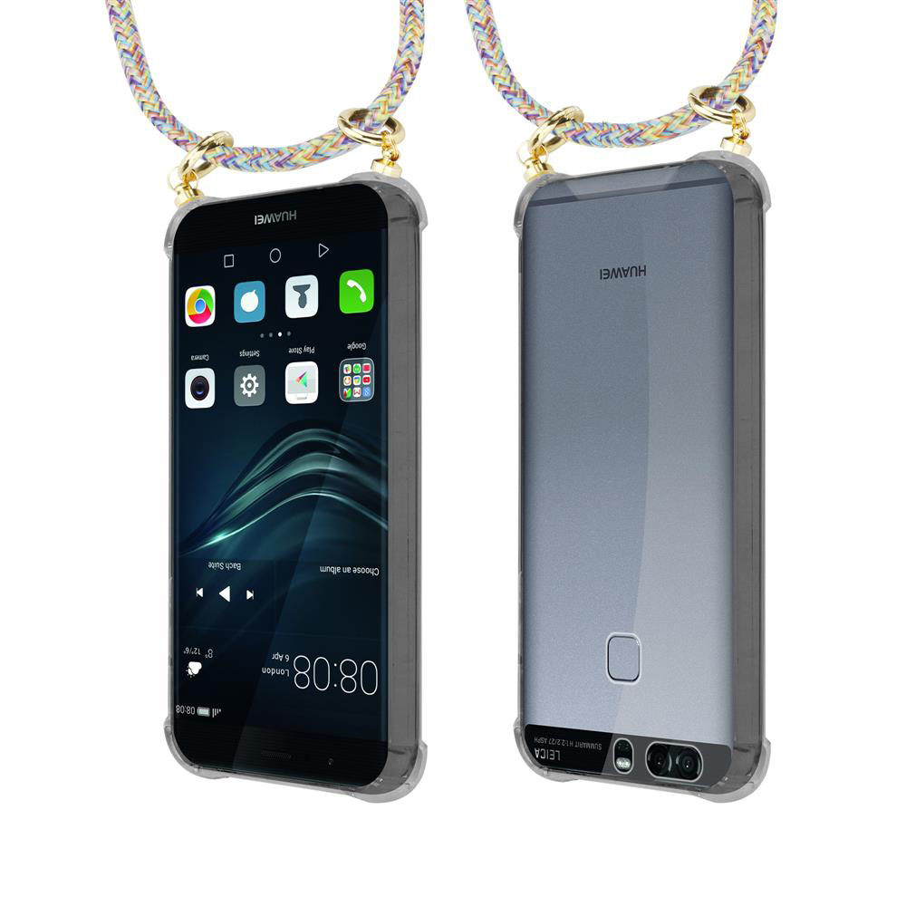 Zwei Huawei-Handys mit bunten Lanyards. Eines zeigt den Startbildschirm, das andere die Rückseite.