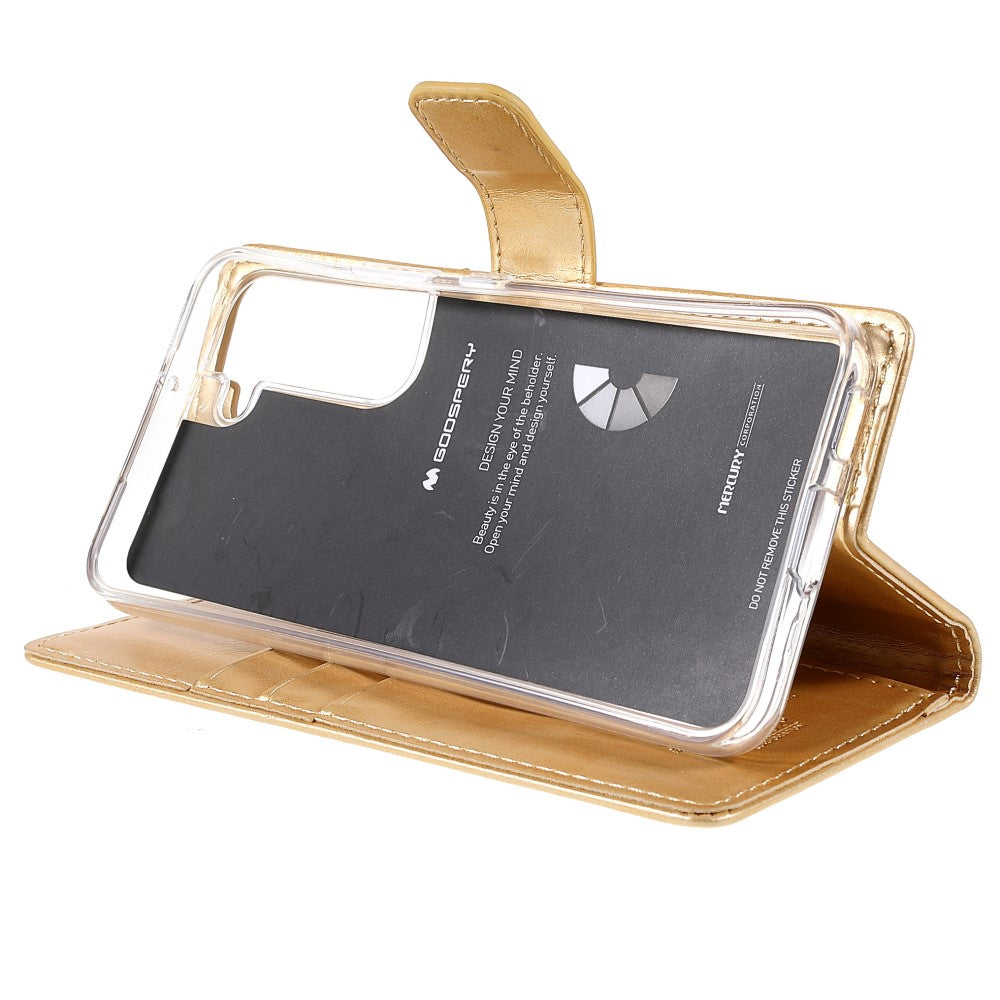 Custodia dorata per telefono a flip con cornice trasparente. Con stampa.