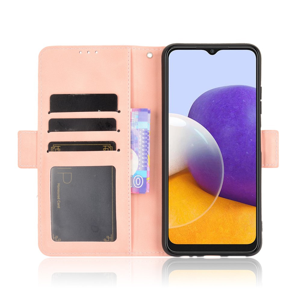 Una custodia rosa per telefono con slot per carte e uno smartphone con sfondo colorato.