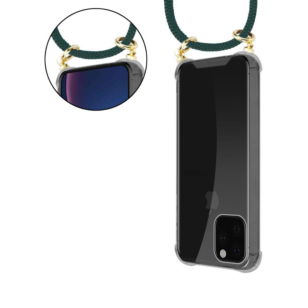 Custodia trasparente con cinturino scuro e anelli dorati per smartphone.