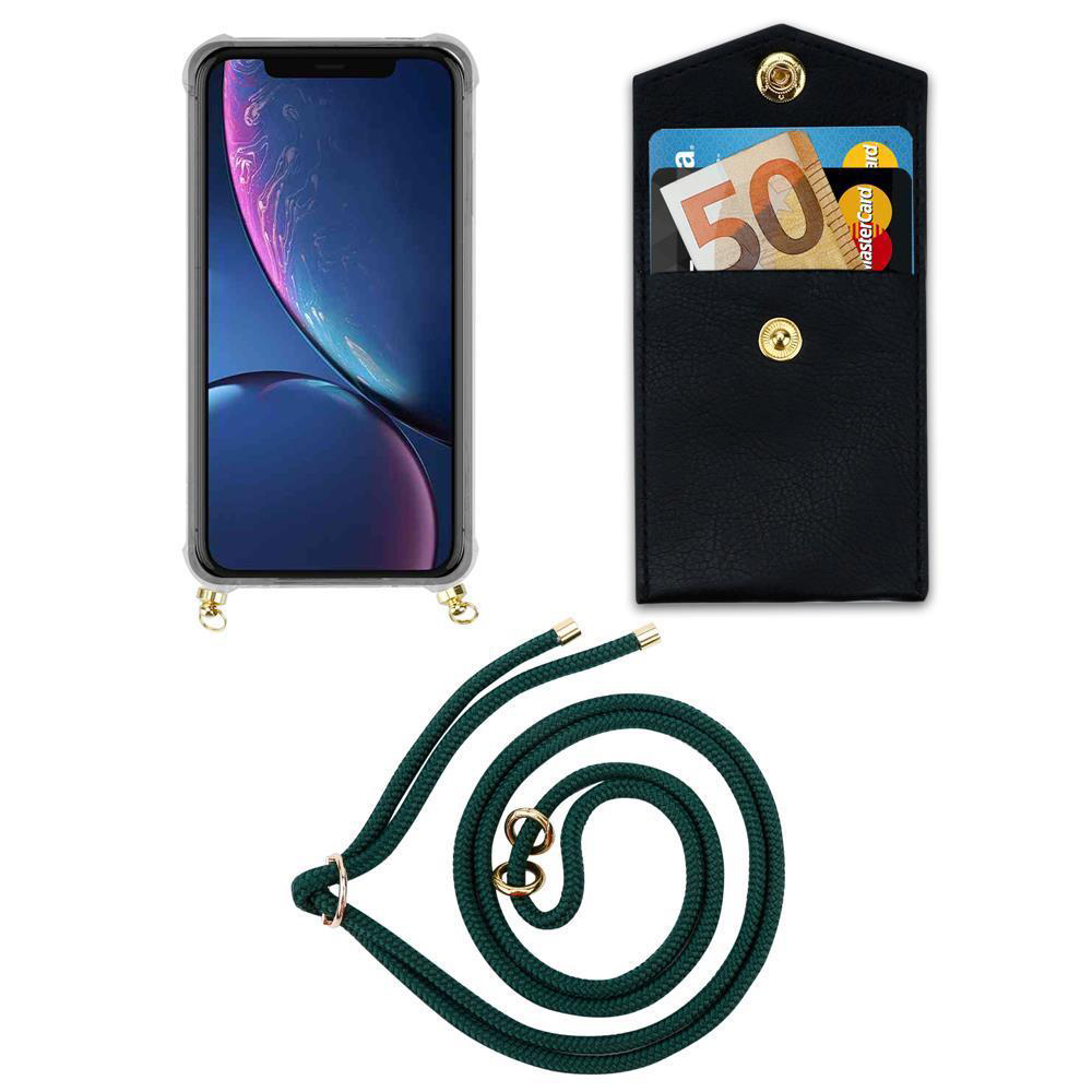Uno smartphone con custodia, un portafoglio nero con soldi e carte, e un cinturino verde.